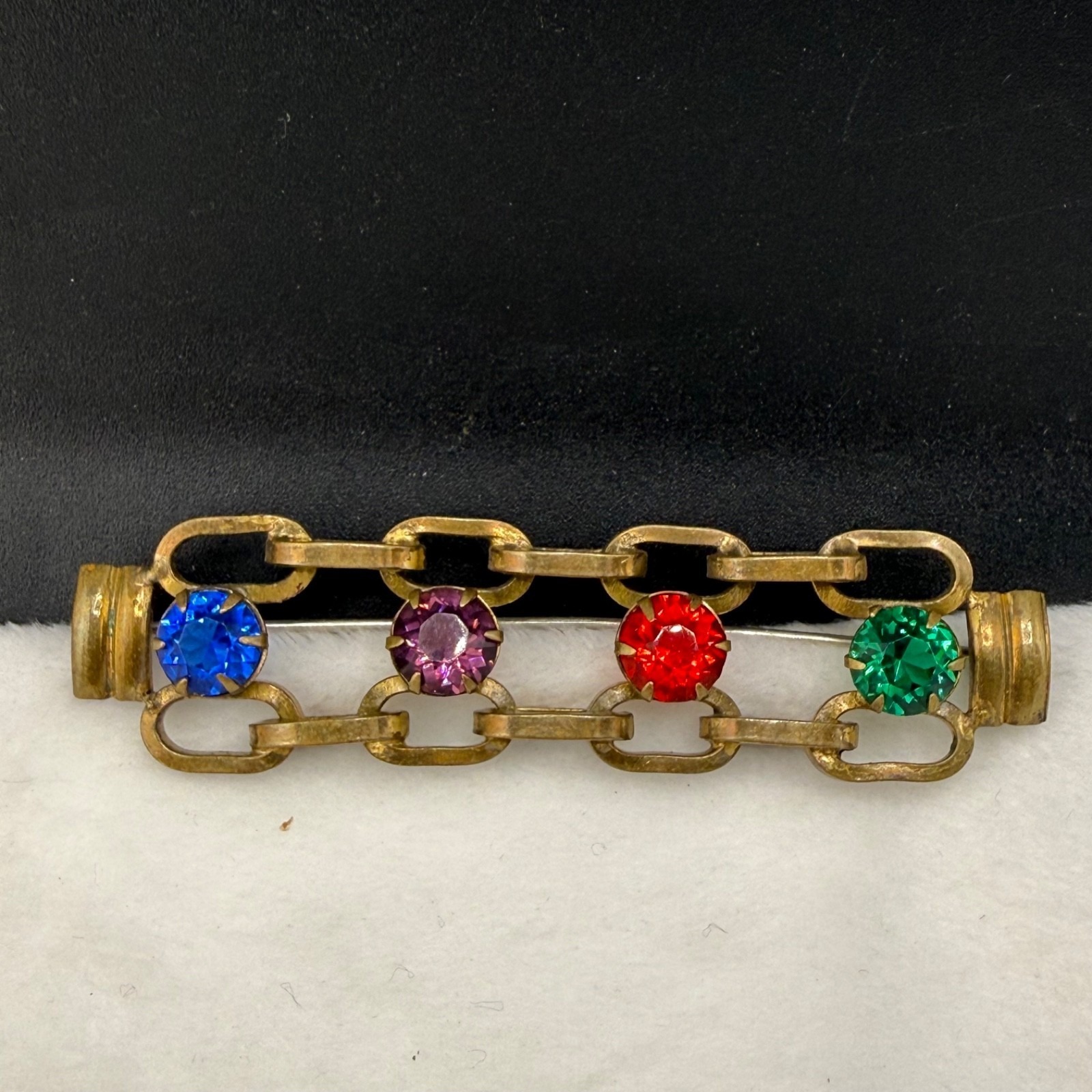 Vintage Rhinestone Bar Brooch Red Green Blue Gold Tone